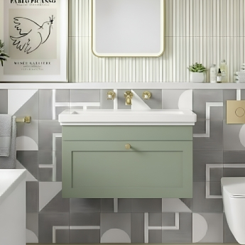 Nuie Classique Wall Hung 1-Drawer Vanity Unit with Traditional Basin 800mm Wide Satin Green - 0 Tap Hole