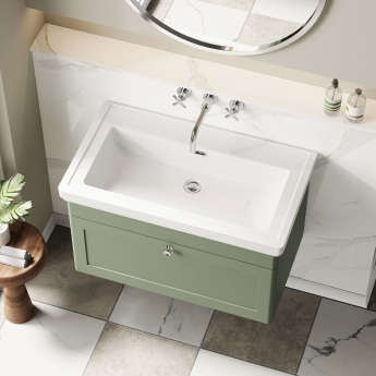 Nuie Classique Wall Hung 1-Drawer Vanity Unit with Traditional Basin 800mm Wide Satin Green - 0 Tap Hole | Product Image