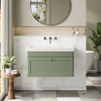 Nuie Classique Wall Hung 1-Drawer Vanity Unit with Traditional Basin 800mm Wide Satin Green - 0 Tap Hole | Product Image