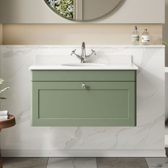 Classique 800mm 1-Drawer Wall Hung Vanity Unit with Marble Top Basin | Product Image