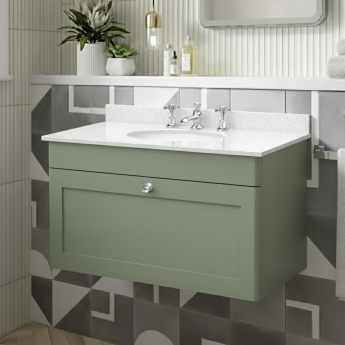 Nuie Classique Wall Hung 1-Drawer Vanity Unit with 3TH White Round Marble Top Basin 800mm Wide - Satin Green