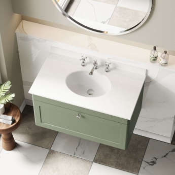 Nuie Classique Wall Hung 1-Drawer Vanity Unit with 3TH White Round Marble Top Basin 800mm Wide - Satin Green | Product Image