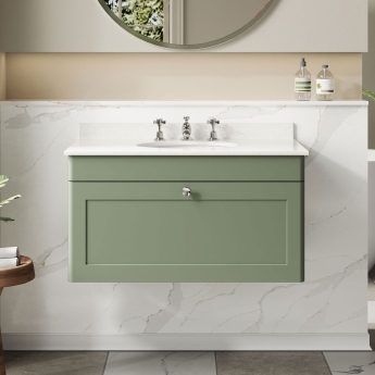 Nuie Classique Wall Hung 1-Drawer Vanity Unit with 3TH White Round Marble Top Basin 800mm Wide - Satin Green | Product Image