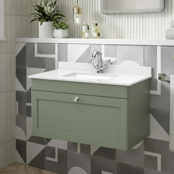 Nuie Classique Wall Hung 1-Drawer Vanity Unit with 1TH White Square Marble Top Basin 800mm Wide - Satin Green