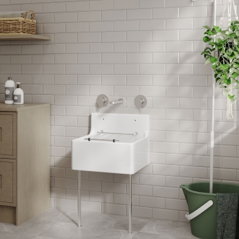 Nuie Cleaner Fireclay Kitchen Sink with Leg and Bracket 455mm L x 396mm W - White