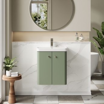 Nuie Core Wall Hung 2-Door Vanity Unit with Thin Edge Basin 500mm Wide - Satin Green | Product Image