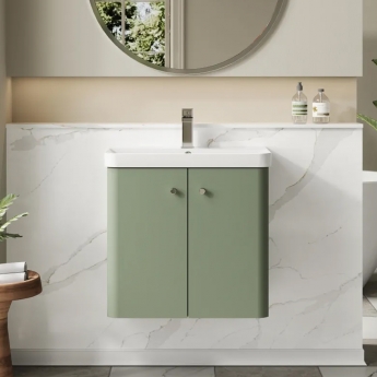 Nuie Core Wall Hung 2-Door Vanity Unit with Thin Edge Basin 600mm Wide - Satin Green