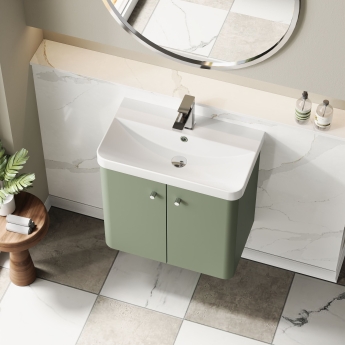 Nuie Core Wall Hung 2-Door Vanity Unit with Thin Edge Basin 600mm Wide - Satin Green | Product Image