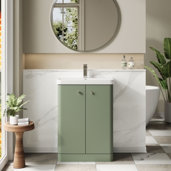 Nuie Core Floor Standing 2-Door Vanity Unit with Thin Edge Basin 600mm Wide - Satin Green | Product Image