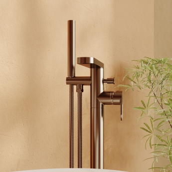 Nuie Cyprus Fluted Freestanding Bath Shower Mixer Tap with Shower Kit - Brushed Bronze | Product Image