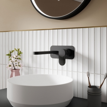 Nuie Cyprus Fluted 2-Hole Wall Mounted Basin Mixer Tap with Plate - Matt Black