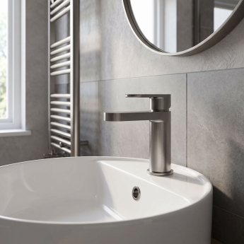 Nuie Cyprus Fluted Mono Basin Mixer Tap with Push Button Waste - Brushed Pewter | Product Image