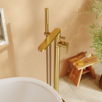 Nuie Cyprus Fluted Freestanding Bath Shower Mixer Tap with Shower Kit - Brushed Brass | Product Image