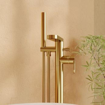 Nuie Cyprus Fluted Freestanding Bath Shower Mixer Tap with Shower Kit - Brushed Brass | Product Image
