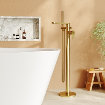 Nuie Cyprus Fluted Freestanding Bath Shower Mixer Tap with Shower Kit - Brushed Brass | Product Image
