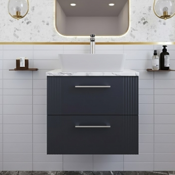 Nuie Deco Wall Hung 2-Drawer Vanity Unit with Carrera Marble Worktop 600mm Wide - Satin Anthracite | Product Image