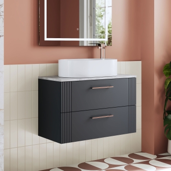 Nuie Deco Wall Hung 2-Drawer Vanity Unit with Bellato Grey Worktop 800mm Wide - Satin Anthracite | Product Image