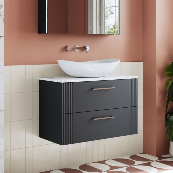 Nuie Deco Wall Hung 2-Drawer Vanity Unit with Carrera Marble Worktop 800mm Wide - Satin Anthracite | Product Image