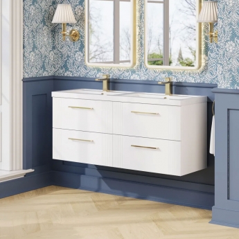 Nuie Deco Wall Hung 4-Drawer Vanity Unit with Double Polymarble Basin 1200mm Wide - Satin White