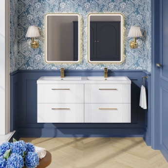 Nuie Deco Wall Hung 4-Drawer Vanity Unit with Double Polymarble Basin 1200mm Wide - Satin White