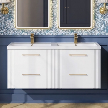 Nuie Deco Wall Hung 4-Drawer Vanity Unit with Double Polymarble Basin 1200mm Wide - Satin White