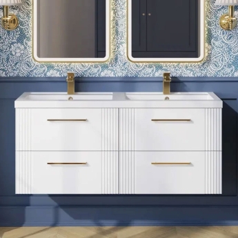 Nuie Deco Wall Hung 4-Drawer Vanity Unit with Double Polymarble Basin 1200mm Wide - Satin White | Product Image