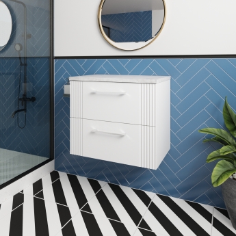 Nuie Deco Wall Hung 2-Drawer Vanity Unit with Bellato Grey Worktop 600mm Wide - Satin White