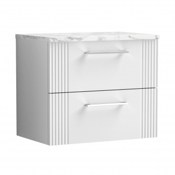 Nuie Deco Wall Hung 2-Drawer Vanity Unit with Carrera Marble Worktop 600mm Wide - Satin White | Product Image