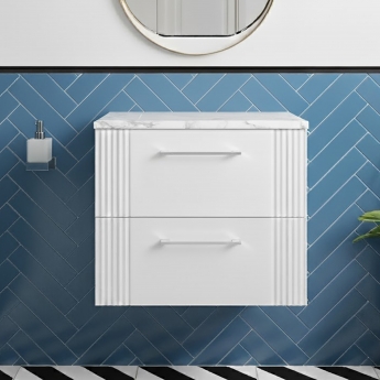 Nuie Deco Wall Hung 2-Drawer Vanity Unit with Carrera Marble Worktop 600mm Wide - Satin White | Product Image