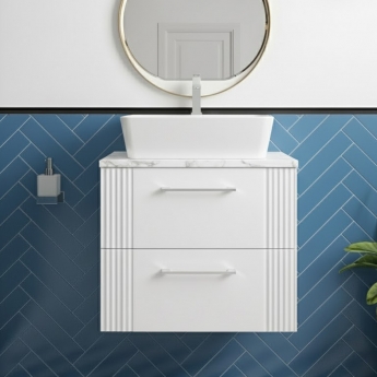 Nuie Deco Wall Hung 2-Drawer Vanity Unit with Carrera Marble Worktop 600mm Wide - Satin White | Product Image