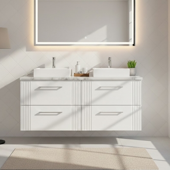 Nuie Deco Wall Hung 4-Drawer Vanity Unit with Carrera Marble Worktop 1200mm Wide - Satin White | Product Image