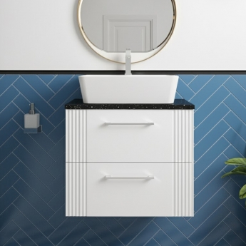 Nuie Deco Wall Hung 2-Drawer Vanity Unit with Sparkling Black Worktop 600mm Wide - Satin White