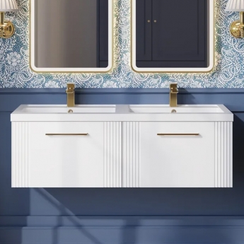 Nuie Deco Wall Hung 2-Drawer Vanity Unit with Double Polymarble Basin 1200mm Wide - Satin White