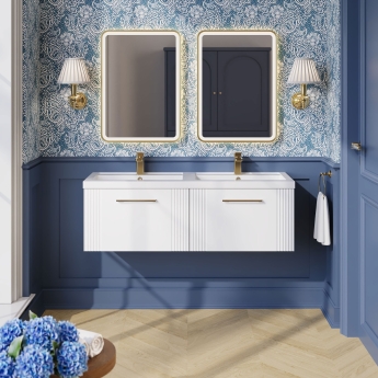 Nuie Deco Wall Hung 2-Drawer Vanity Unit with Double Polymarble Basin 1200mm Wide - Satin White | Product Image