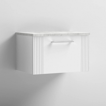 Nuie Deco Wall Hung 1-Drawer Vanity Unit with Bellato Grey Worktop 600mm Wide - Satin White