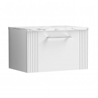 Nuie Deco Wall Hung 1-Drawer Vanity Unit with Carrera Marble Worktop 600mm Wide - Satin White | Product Image
