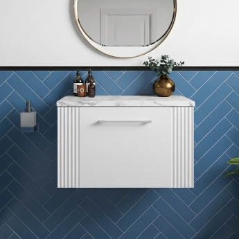 Nuie Deco Wall Hung 1-Drawer Vanity Unit with Carrera Marble Worktop 600mm Wide - Satin White | Product Image