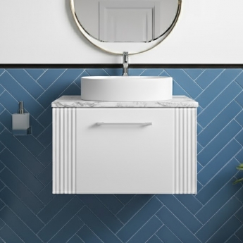 Nuie Deco Wall Hung 1-Drawer Vanity Unit with Carrera Marble Worktop 600mm Wide - Satin White | Product Image
