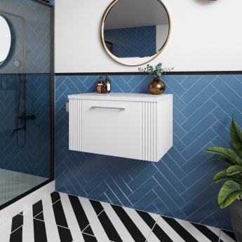 Nuie Deco Wall Hung 1-Drawer Vanity Unit with Sparkling White Worktop 600mm Wide - Satin White