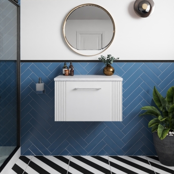 Nuie Deco Wall Hung 1-Drawer Vanity Unit with Sparkling White Worktop 600mm Wide - Satin White