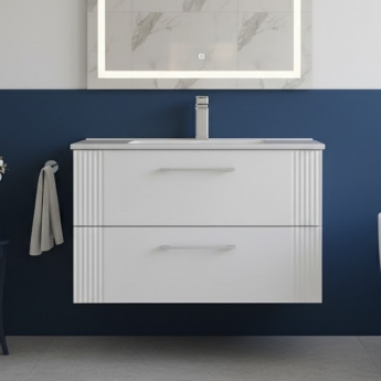 Nuie Deco Wall Hung 2-Drawer Vanity Unit with Basin-2 800mm Wide - Satin White