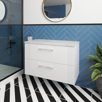 Nuie Deco Wall Hung 2-Drawer Vanity Unit with Bellato Grey Worktop 800mm Wide - Satin White