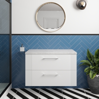 Nuie Deco Wall Hung 2-Drawer Vanity Unit with Bellato Grey Worktop 800mm Wide - Satin White