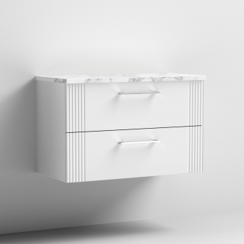 Nuie Deco Wall Hung 2-Drawer Vanity Unit with Carrera Marble Worktop 800mm Wide - Satin White | Product Image
