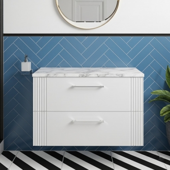 Nuie Deco Wall Hung 2-Drawer Vanity Unit with Carrera Marble Worktop 800mm Wide - Satin White | Product Image