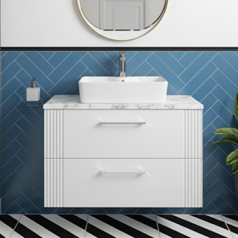 Nuie Deco Wall Hung 2-Drawer Vanity Unit with Carrera Marble Worktop 800mm Wide - Satin White | Product Image