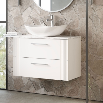 Nuie Deco Wall Hung 2-Drawer Vanity Unit with Carrera Marble Worktop 800mm Wide - Satin White | Product Image
