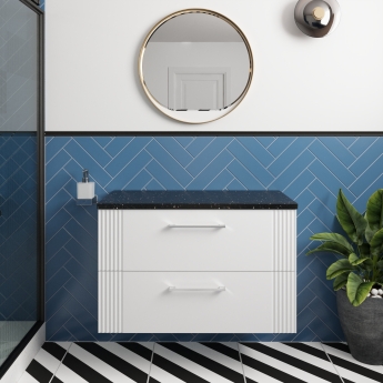 Nuie Deco Wall Hung 2-Drawer Vanity Unit with Sparkling Black Worktop 800mm Wide - Satin White