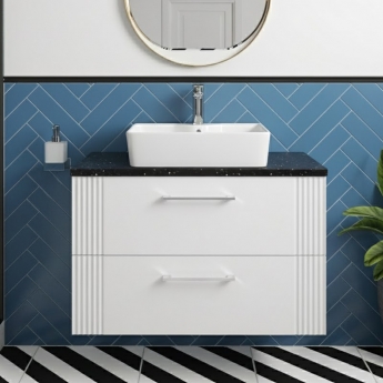 Nuie Deco Wall Hung 2-Drawer Vanity Unit with Sparkling Black Worktop 800mm Wide - Satin White