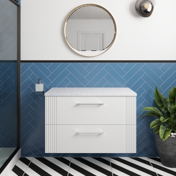 Nuie Deco Wall Hung 2-Drawer Vanity Unit with Sparkling White Worktop 800mm Wide - Satin White